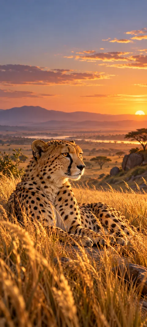 A cheetah rests in tall golden grass at sunset.