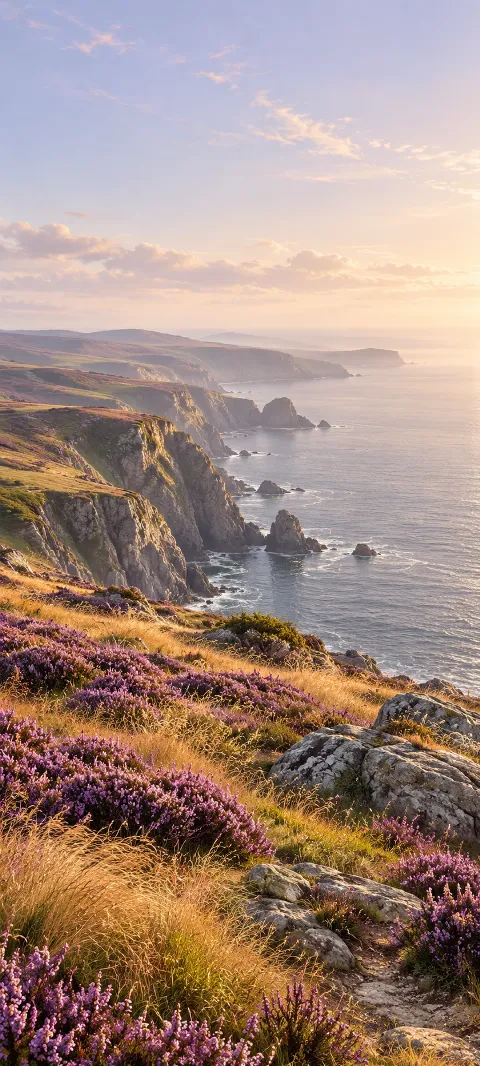Purple heather and golden grass on cliffs above calm gray coastal water.