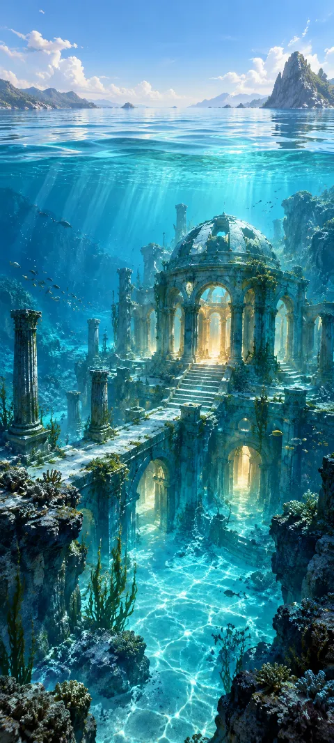 A glowing domed temple lies beneath clear blue water.