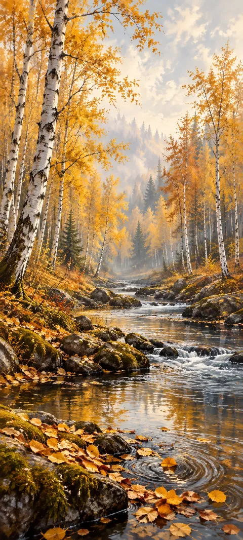 Amber birches beside a shallow stream with mossy rocks, fallen leaves and small cascades.
