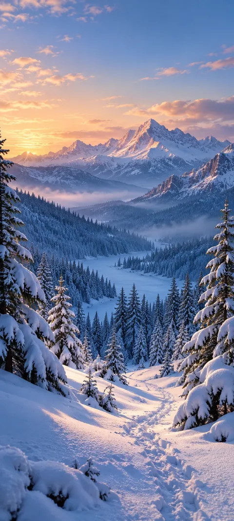 Snowy pines open onto a blue-shadowed hollow and trail.