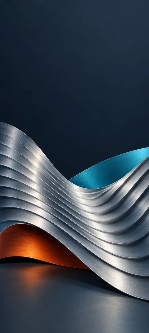 Brushed silver pleats with cyan and orange layers against charcoal blue.