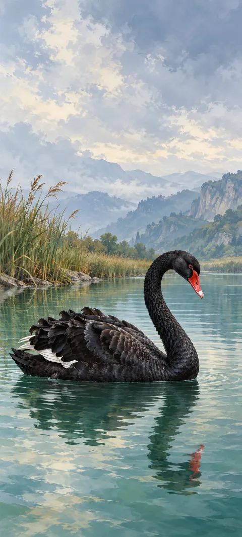 Black swan with red bill reflected in jade water beside reeds and distant cliffs.
