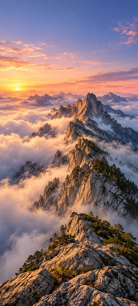 A granite ridge rises through bands of moving cloud.