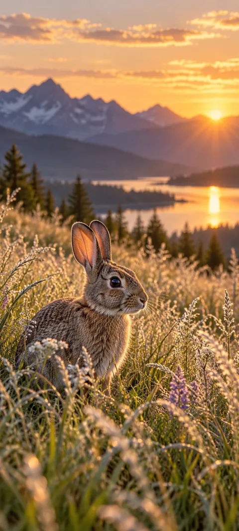 A wild rabbit pauses in silver meadow grass.