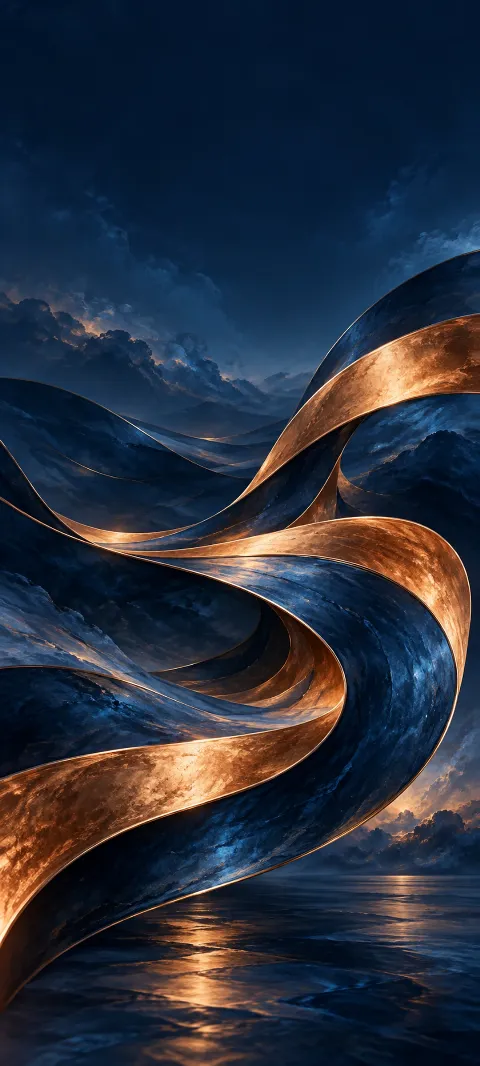 Indigo and copper bands fold through a deep blue field.