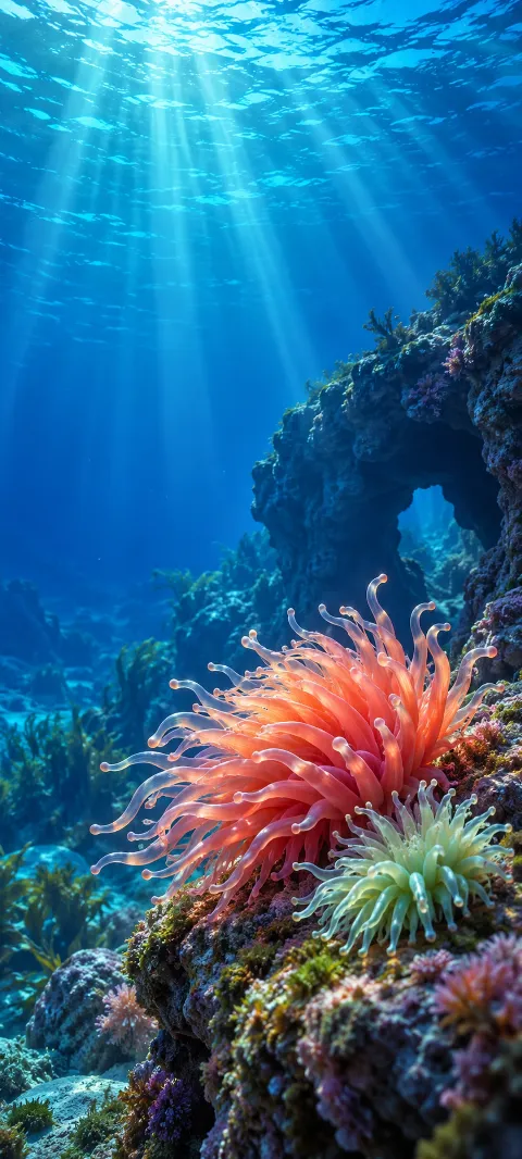 Coral and green anemones on an underwater ledge beneath blue sunbeams.