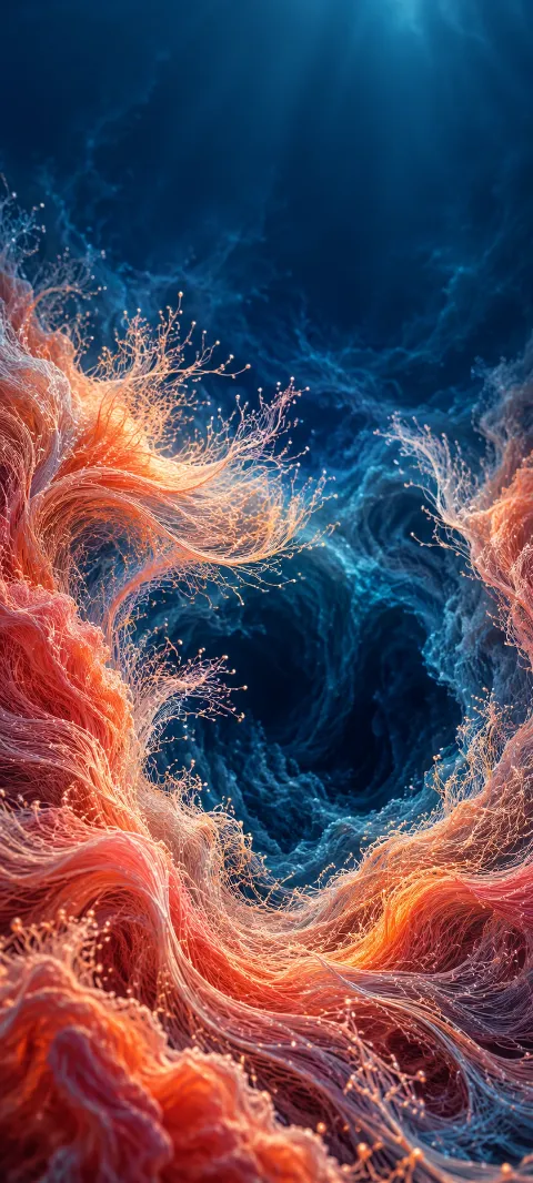 Coral threads weave around a deep indigo opening.
