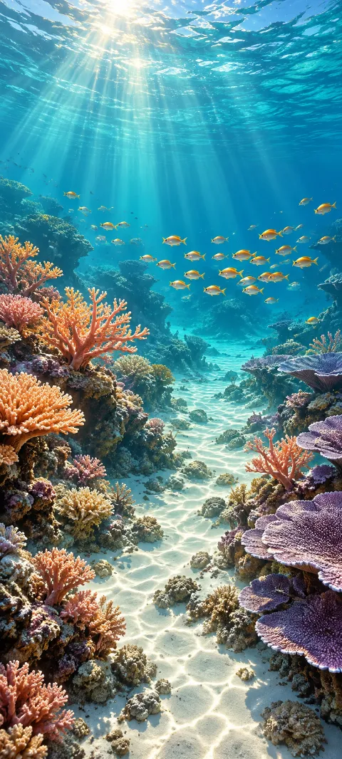 Golden fish swim above a sandy channel between peach and violet corals in sunlit blue water.