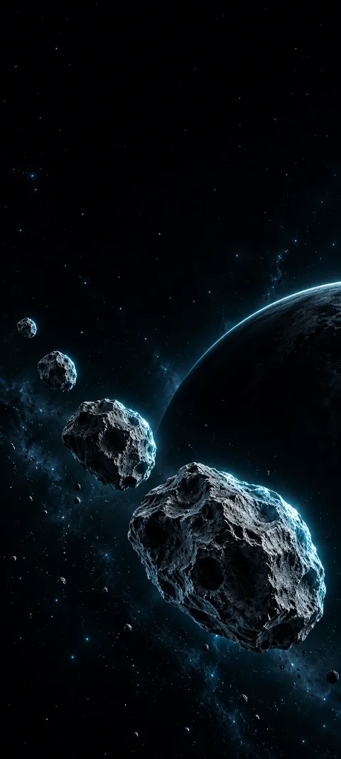 Cratered silver-gray asteroids drifting before a cyan-rimmed dark planet in black space.
