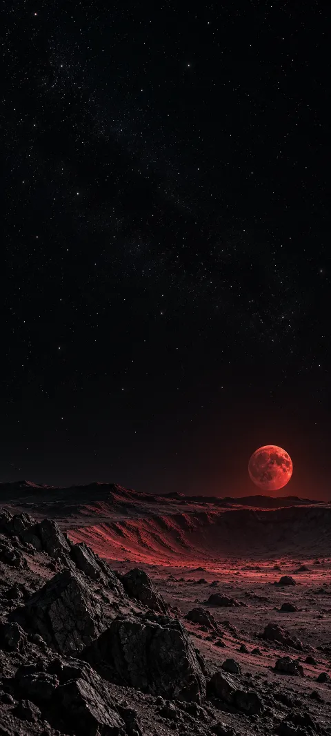 Small crimson moon above dark crater ridges and jagged stones beneath a black star field.