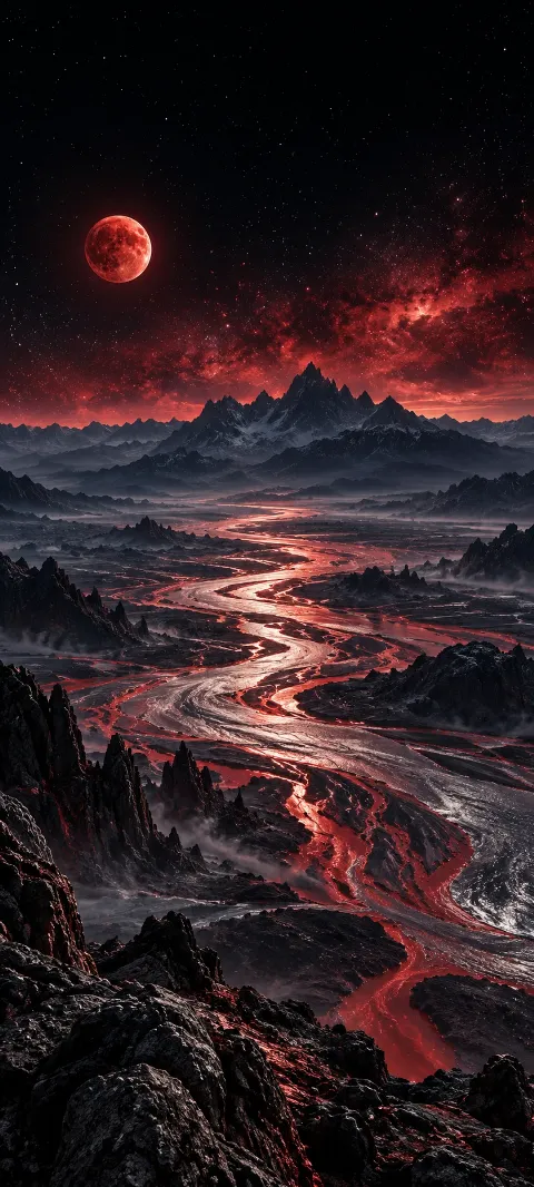 Crimson moon over jagged dark mountains and a braided silver-red river.