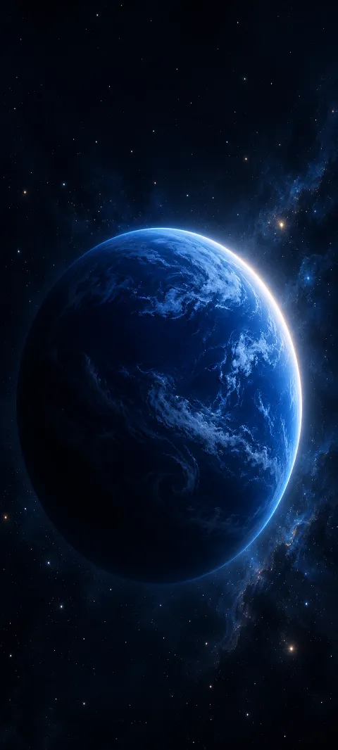 A cobalt planet shows a narrow pale crescent.