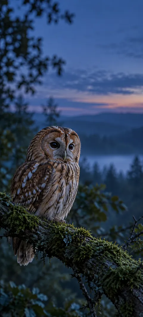 A tawny owl rests on a branch in dusk light.