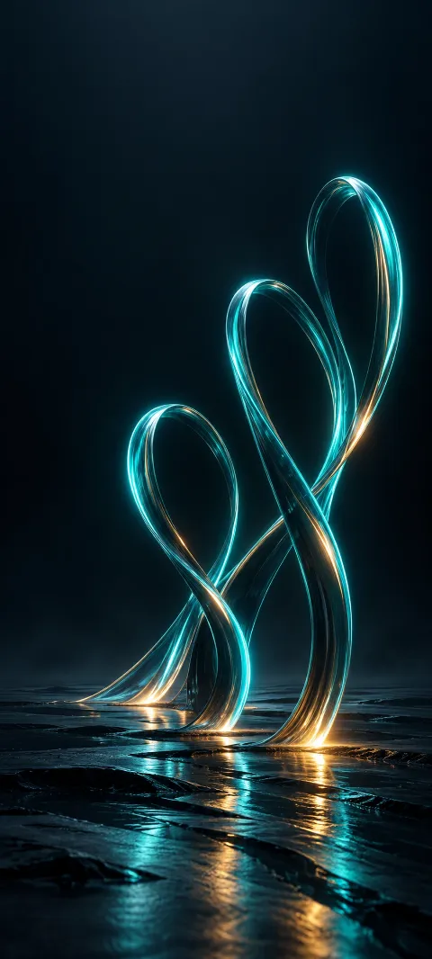 Three tall teal luminous loops with amber accents above a dark reflective plane.