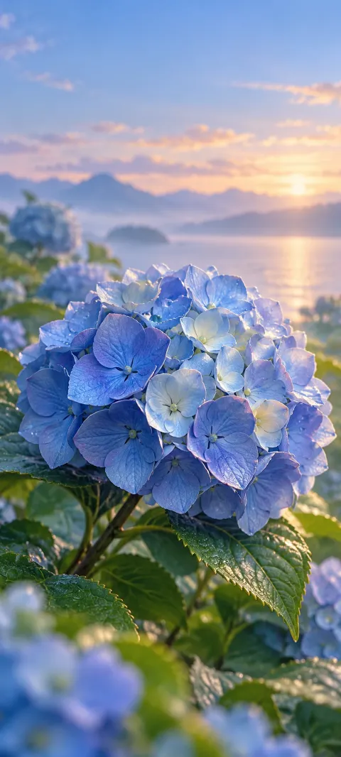 A dew-covered blue hydrangea cluster glows beside a sunset lake.