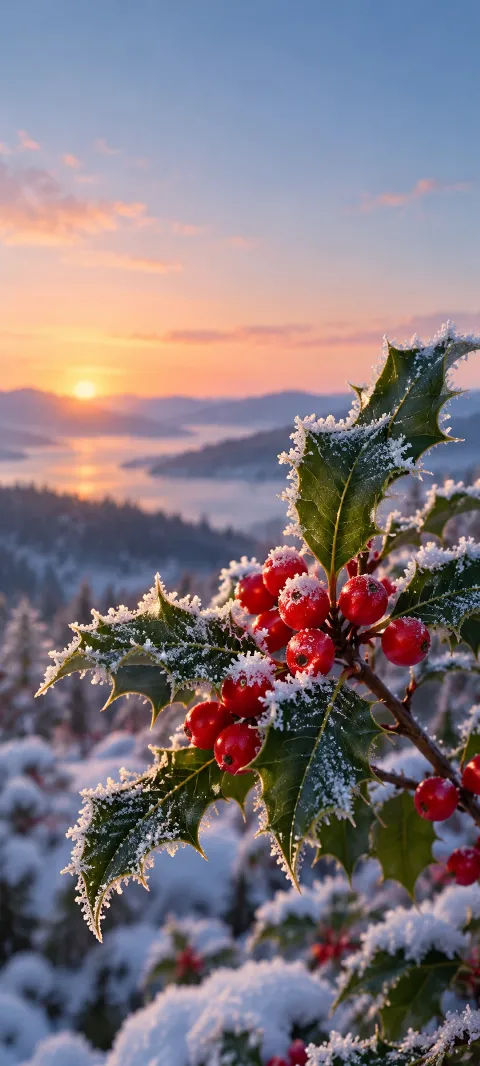 A holly sprig carries red berries and frost.
