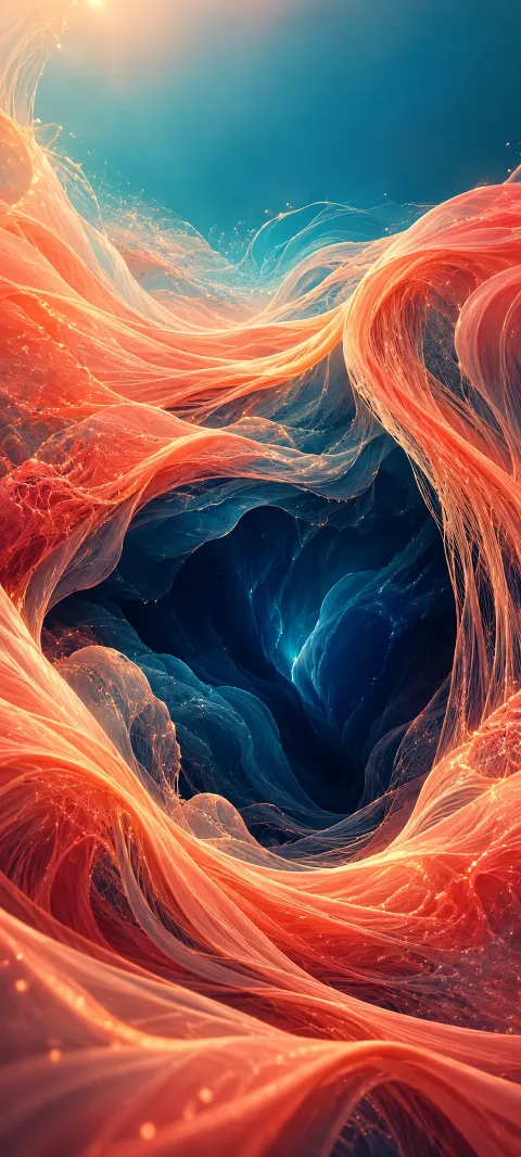 Coral threads weave around a deep indigo opening.