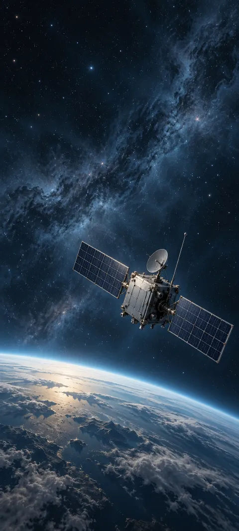 Unbranded satellite with two solar panels above a blue planet horizon in a star field.