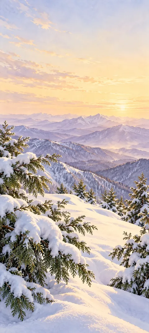 Snow-covered cedar boughs above a white ridge and distant lilac mountains.