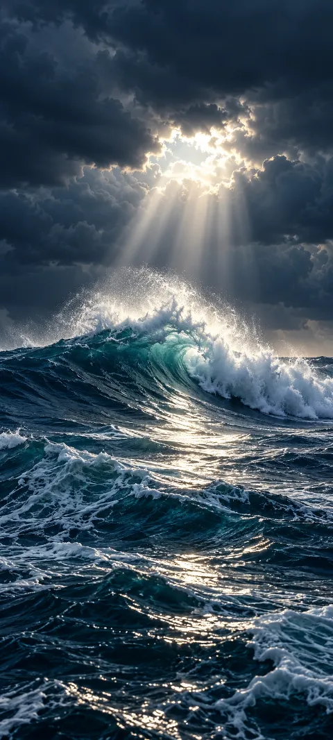 A single breaker rises beneath storm clouds.