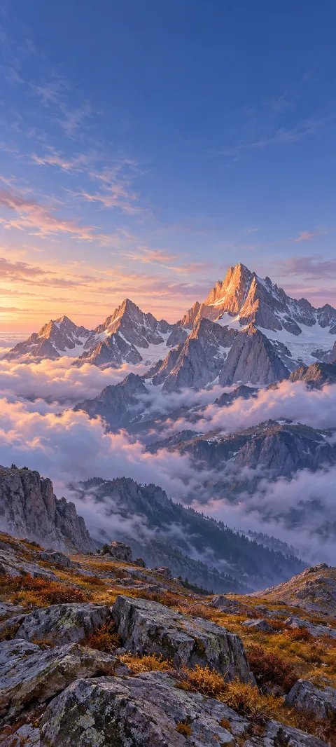 Sunlit granite peaks rise above lavender clouds and an ochre rocky slope.