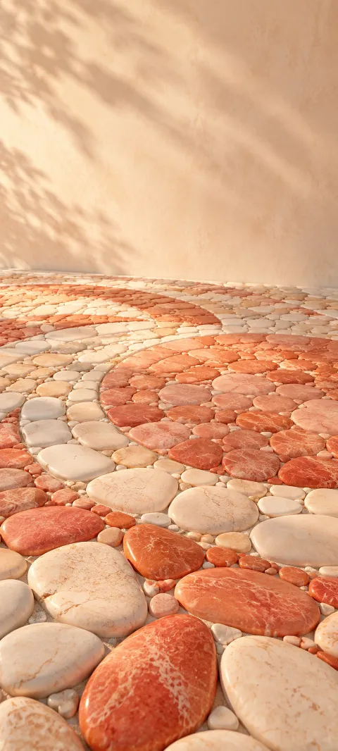 Coral and cream pebbles form a rounded sunlit mosaic.