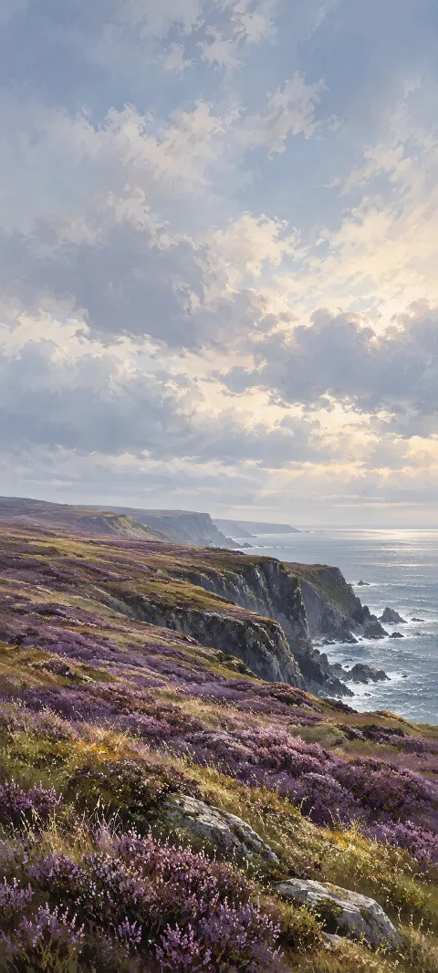 Purple heather and ochre grasses above rugged sea cliffs beneath a broad blue-gray sky.