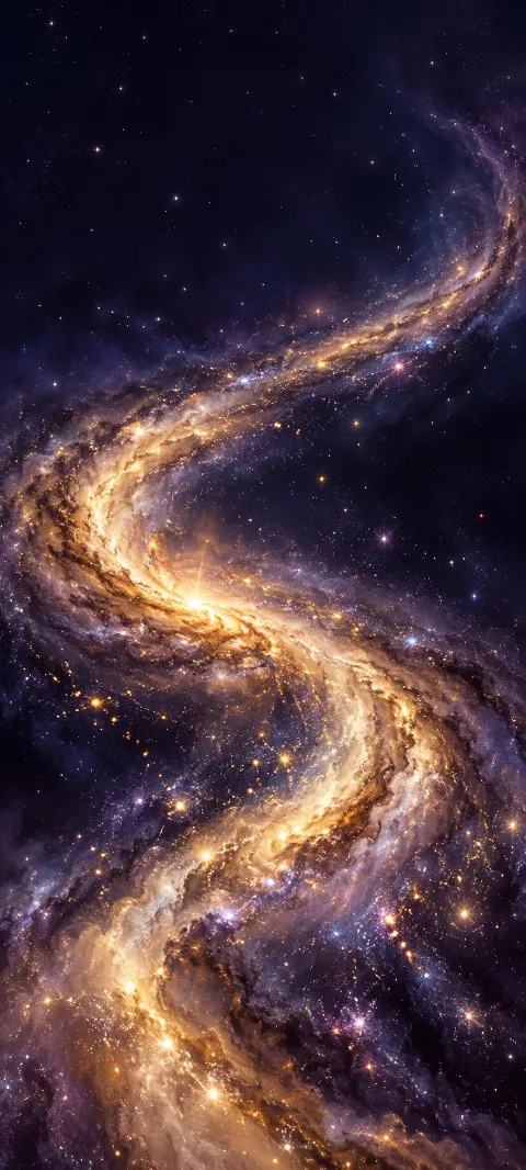 S shaped golden galaxy dust ribbon in dark violet space.