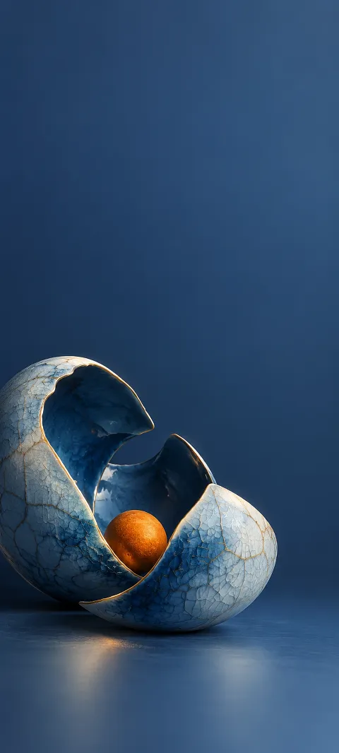 Orange sphere nestled between hollow crackled blue porcelain shells.