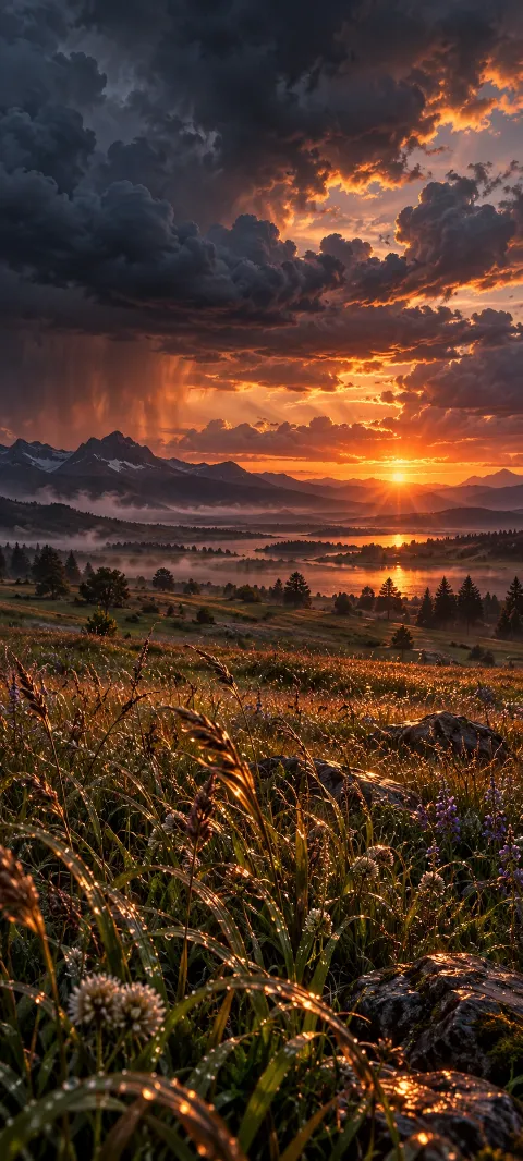 Copper-lit wet meadow beneath storm clouds and a low sunset.