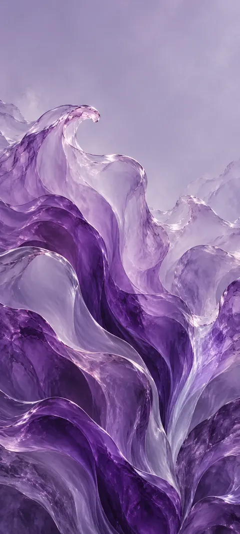 Translucent purple flowing forms with silvery edges against a lavender-gray background.