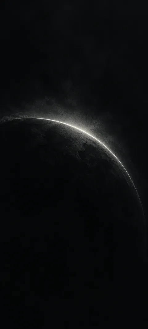 A restrained white arc emerges from graphite darkness.