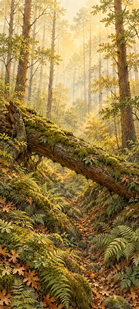 Mossy fallen oak across a dry fern-filled woodland ravine in golden haze.
