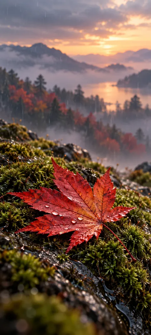 A red maple leaf rests over moss in soft rain.