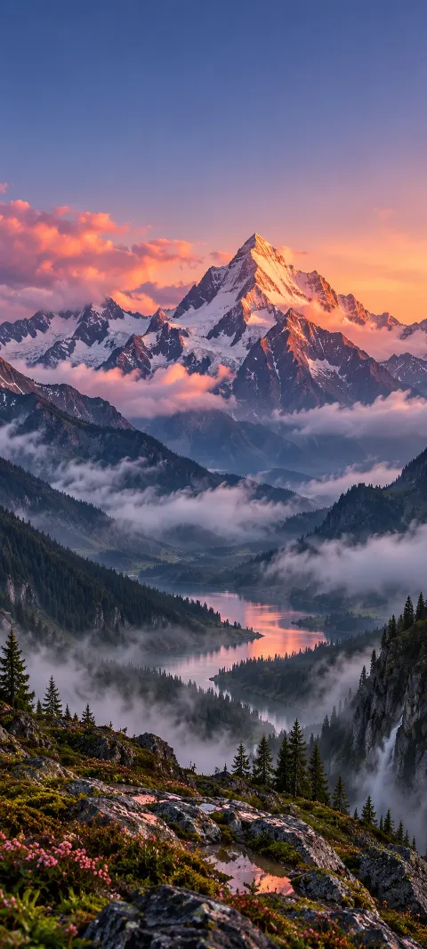 Rose light touches a sharp peak above a quiet valley.