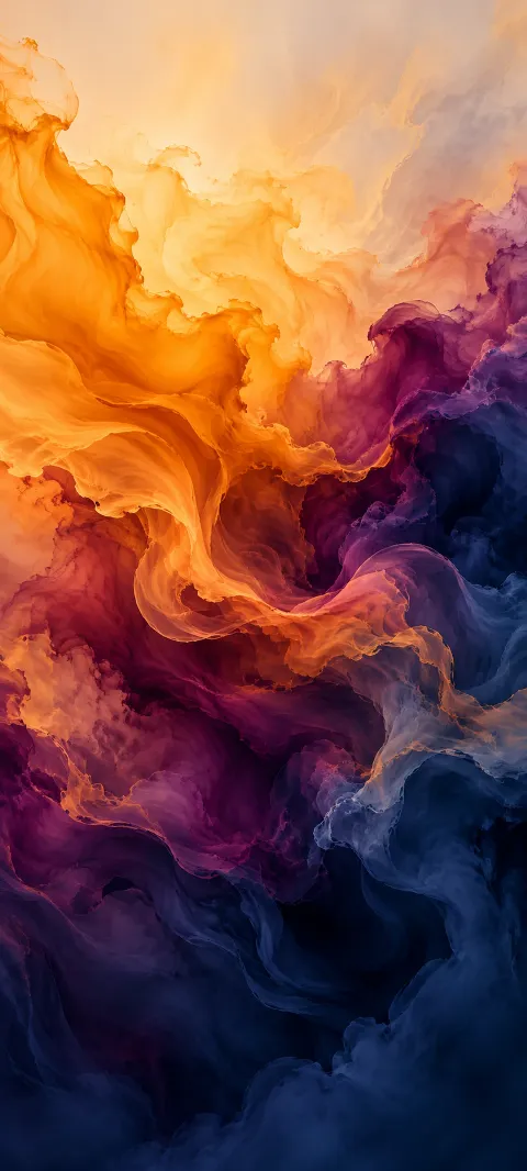 Saffron plumes expand into plum and navy abstract layers.