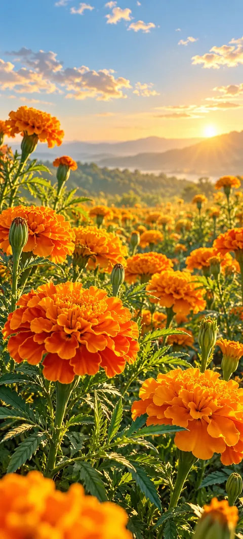 Golden marigold petals rise from dark green stems.