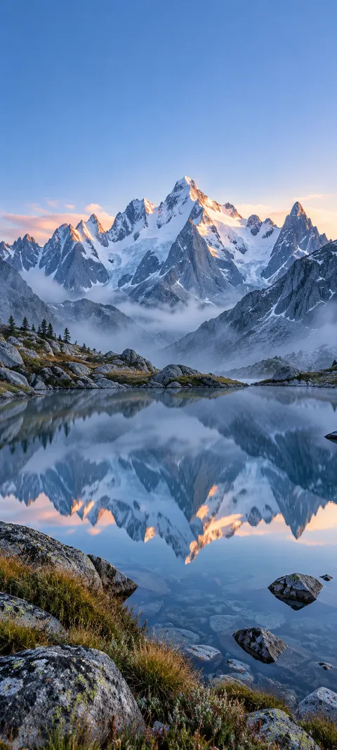 Frosted crags mirror in a still tarn.
