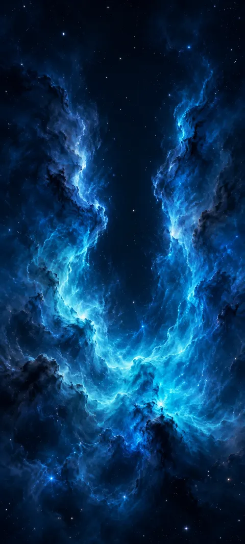 Billowing cyan and blue nebula filaments around a long dark opening, dotted with stars.
