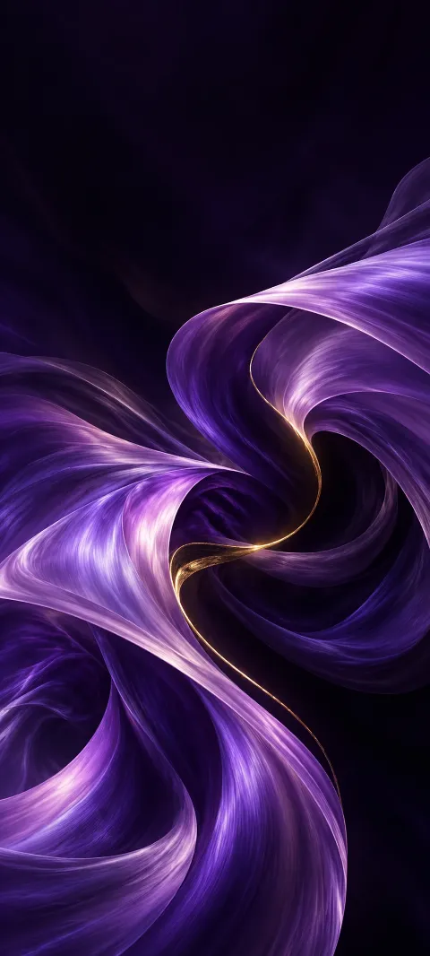 Violet abstract silk ribbons curling around a golden thread.