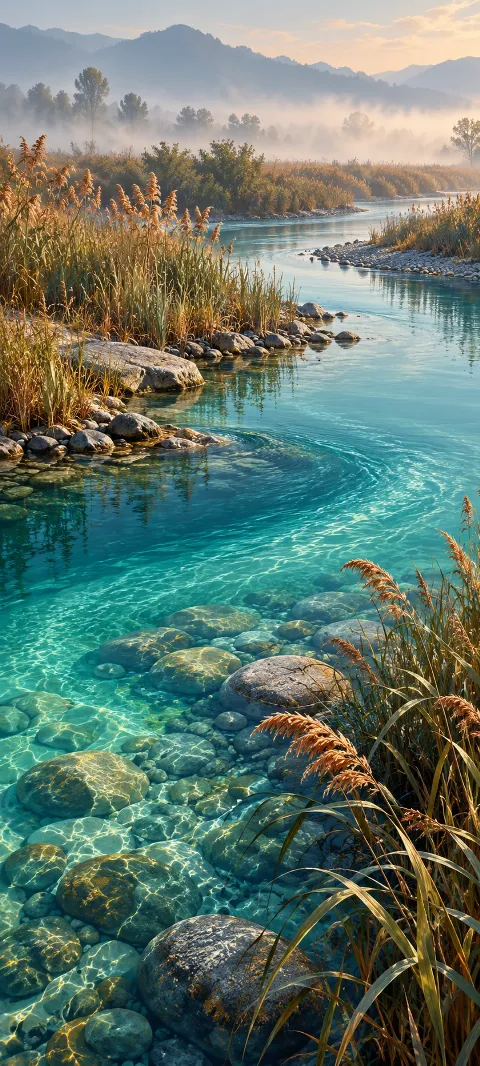 Clear teal river water between golden reed-lined banks.