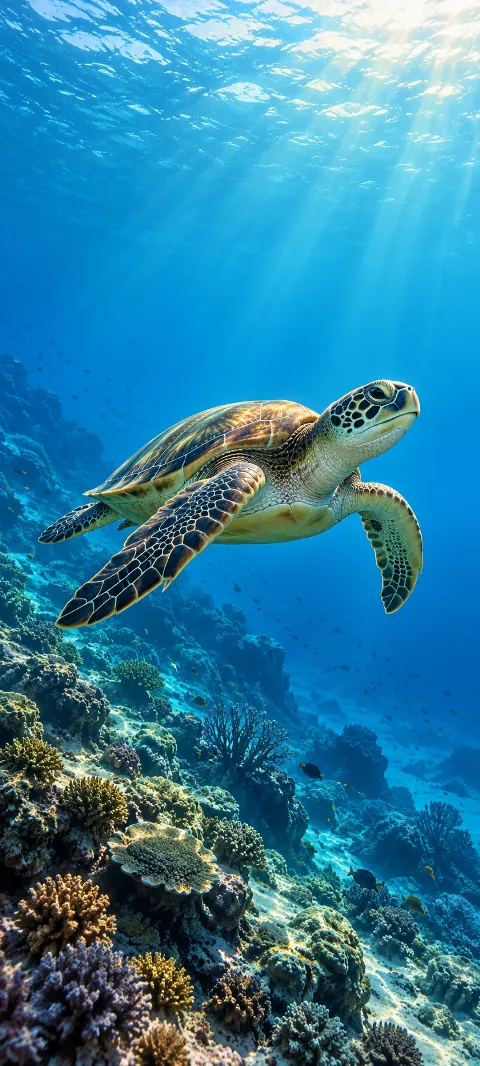 A sea turtle swims above a blue reef slope.