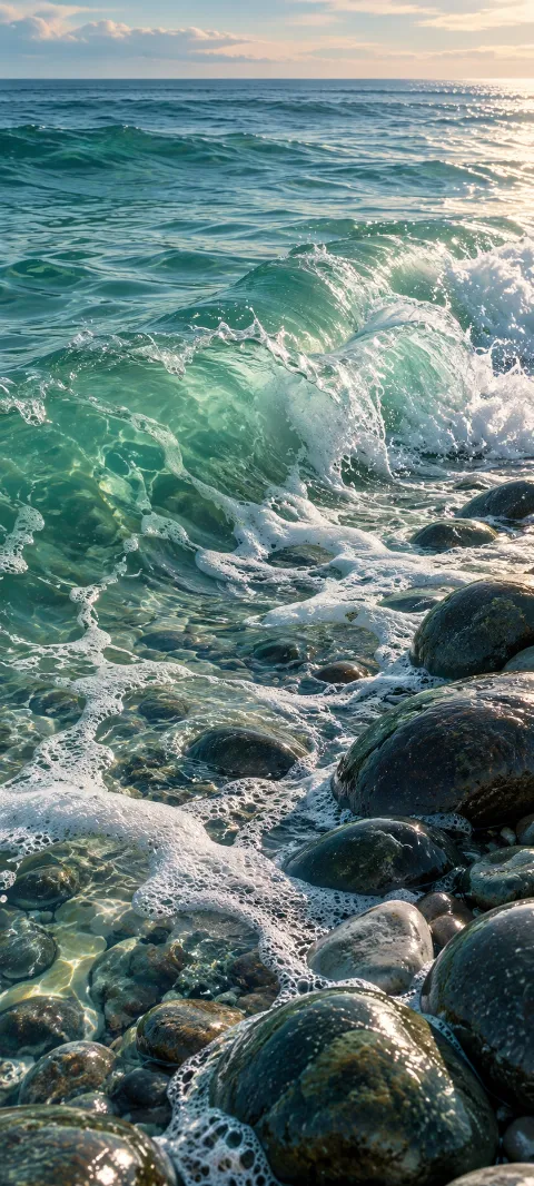 Seafoam curls along a dark pebble shoreline.