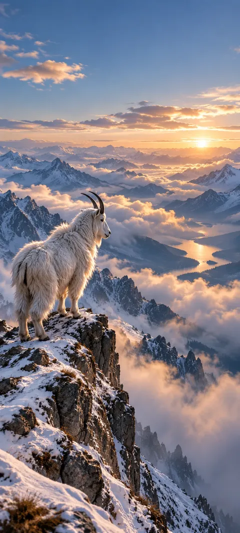 A mountain goat stands on a rocky high ridge.