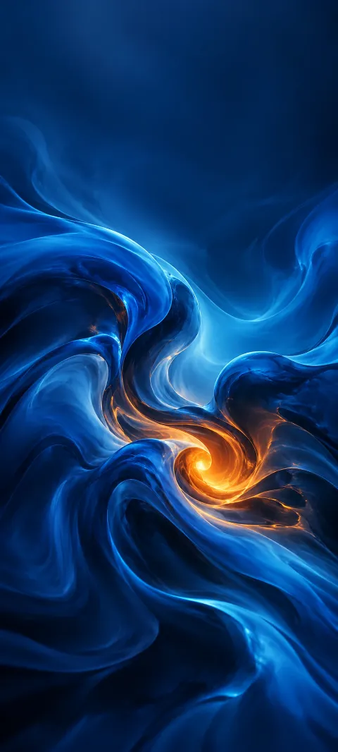 Blue fluid shapes surround a small ember orange glow.