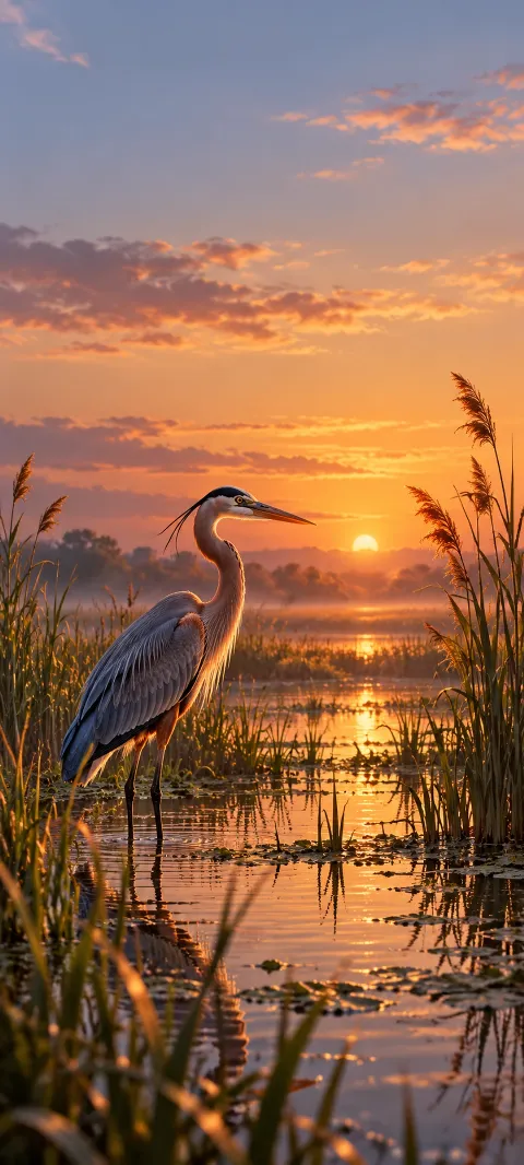 A heron stands among reeds in a quiet marsh.