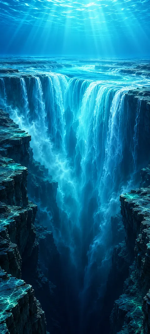 Blue underwater cascades plunging between slate cliffs into an imagined ocean trench.