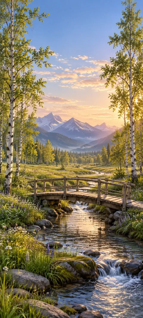 A wooden footbridge crosses a meadow stream between white birches.