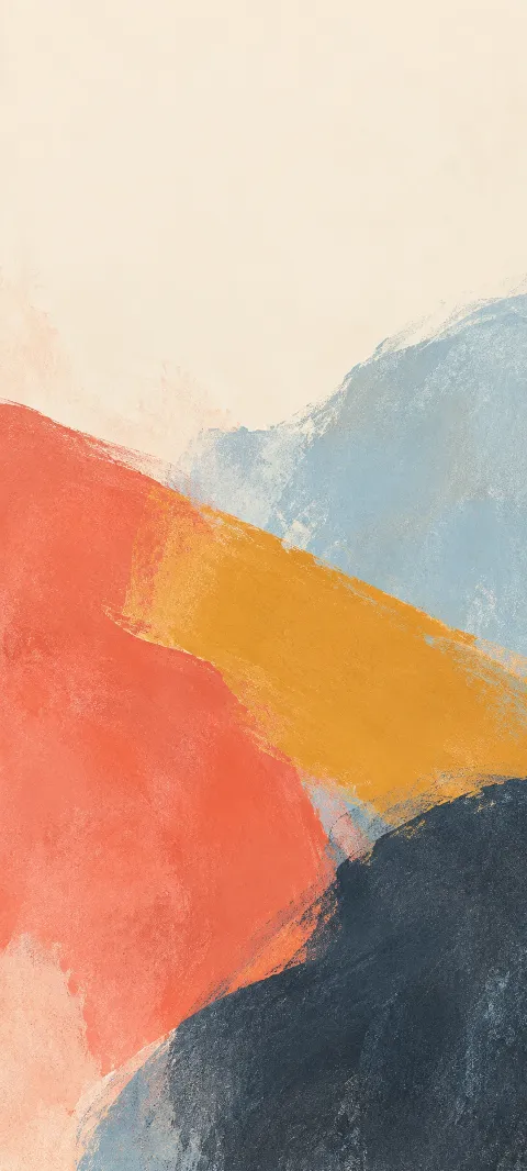 Coral, icy blue and charcoal pastel shapes crossed by a mustard stroke.